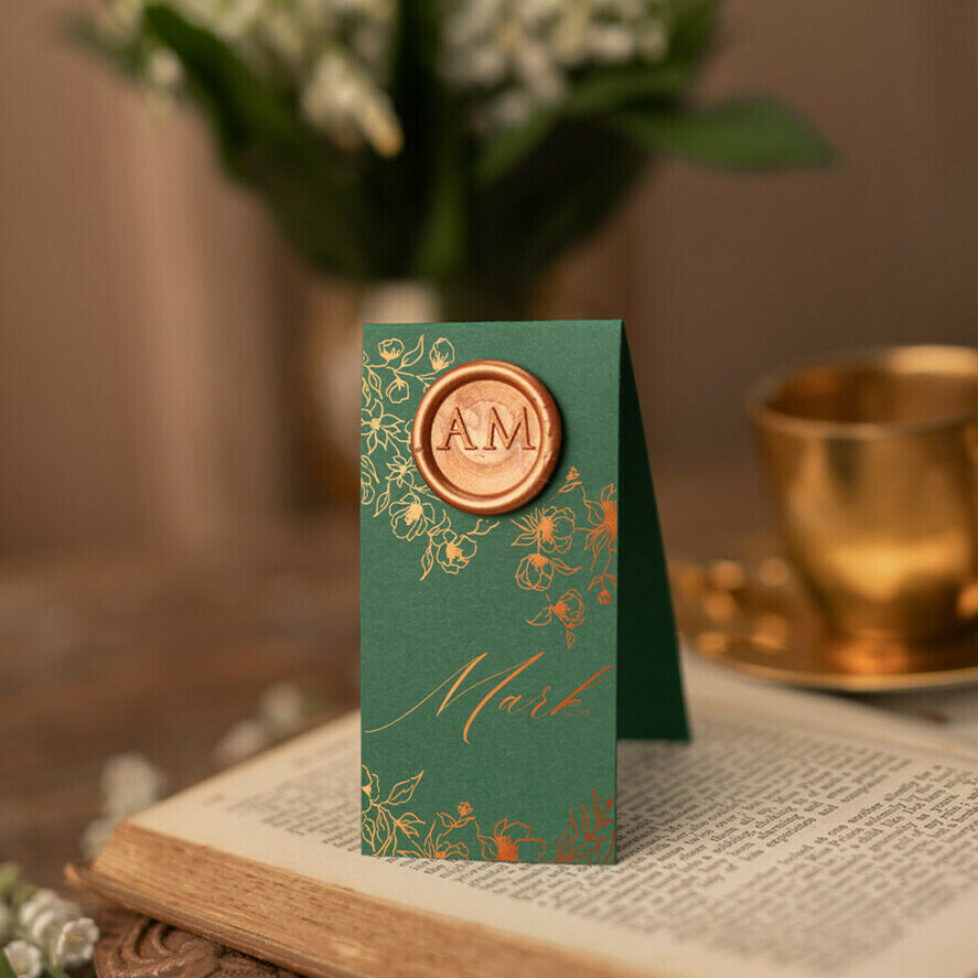Modern Bottle Green Wedding Place Cards with Shiny Gold Foil, Elegant Wedding Name Tags with Wax Seal, Botanical Wedding Stationery, Glamour Custom Escort Card
