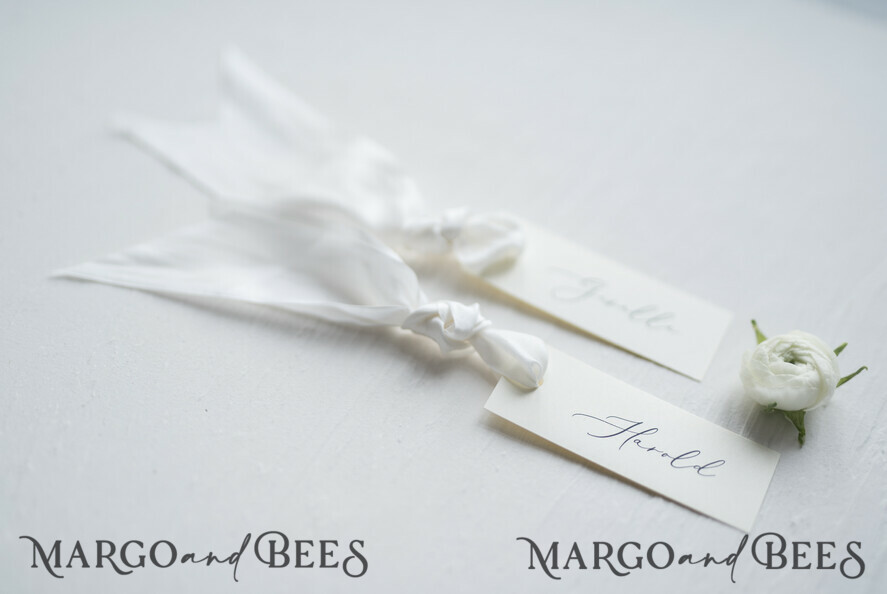 Romantic Ivory Wedding Place Cards, Silk White Ribbon Wedding Cards, Elegant Wedding Name Tags, Minimalist Place Cards, Simple Custom Wedding Table Place Cards