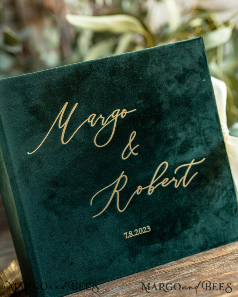 Luxury Wedding Guest Book, Emerald green gold Velvet Instant Photo Book , Elegant Greenery Instax Wedding Photo Guestbook