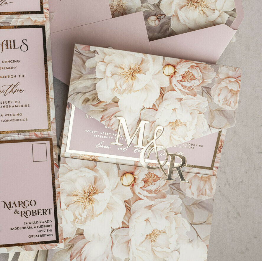 3 fold Luxury Blush Pink Mirror gold Wedding Invitations, Elegant nude Wedding Cards, Glamour Acrylic Monogram Wedding Invites, Mirror Plexi Wedding Invitation Suite
