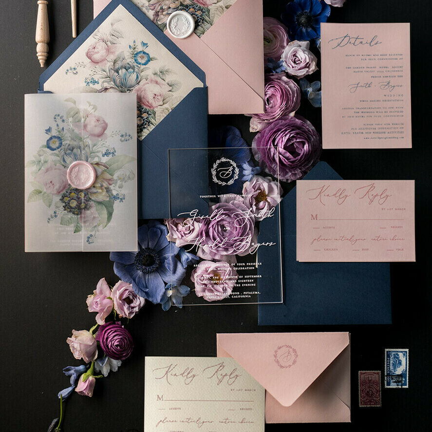Luxury Acrylic Plexi Wedding Invitations, Romantic Blush Pink Wedding Invites With Vellum Cover, Elegant Royal Navy Wedding Cards, Bespoke Floral Wedding Invitation Suite