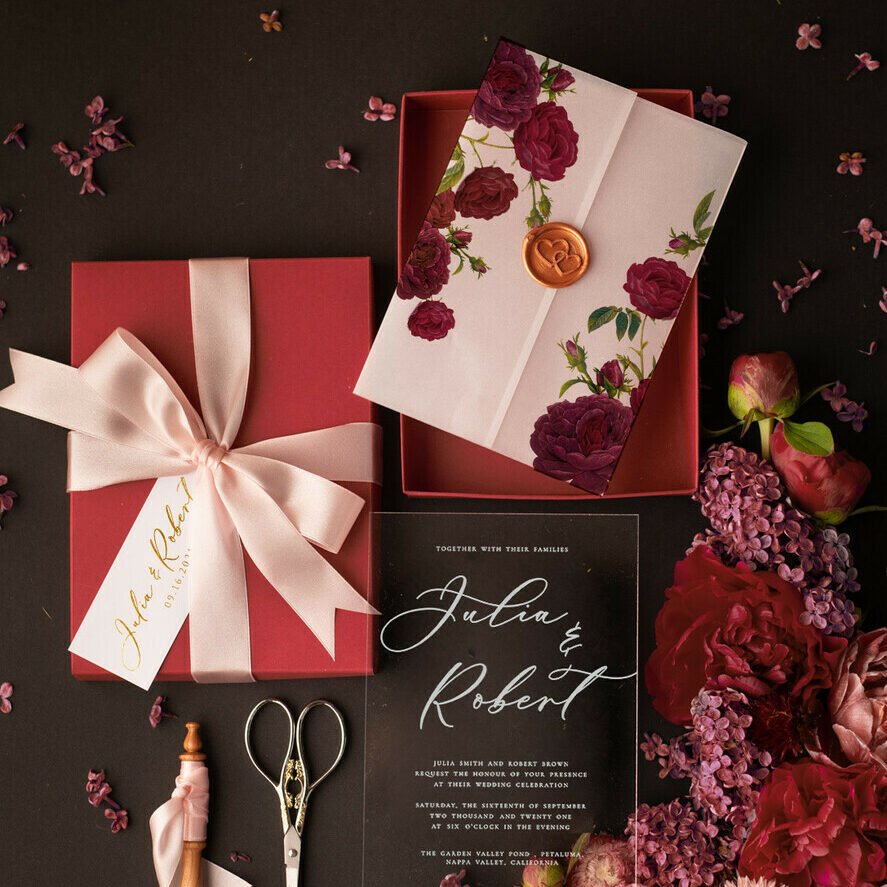 Romantic Red Box Wedding Invitations, Elegant Acrylic Plexi Wedding Invites, Glamour Golden Shine Wedding Cards, Handmade Vellum Wedding Invitation Suite