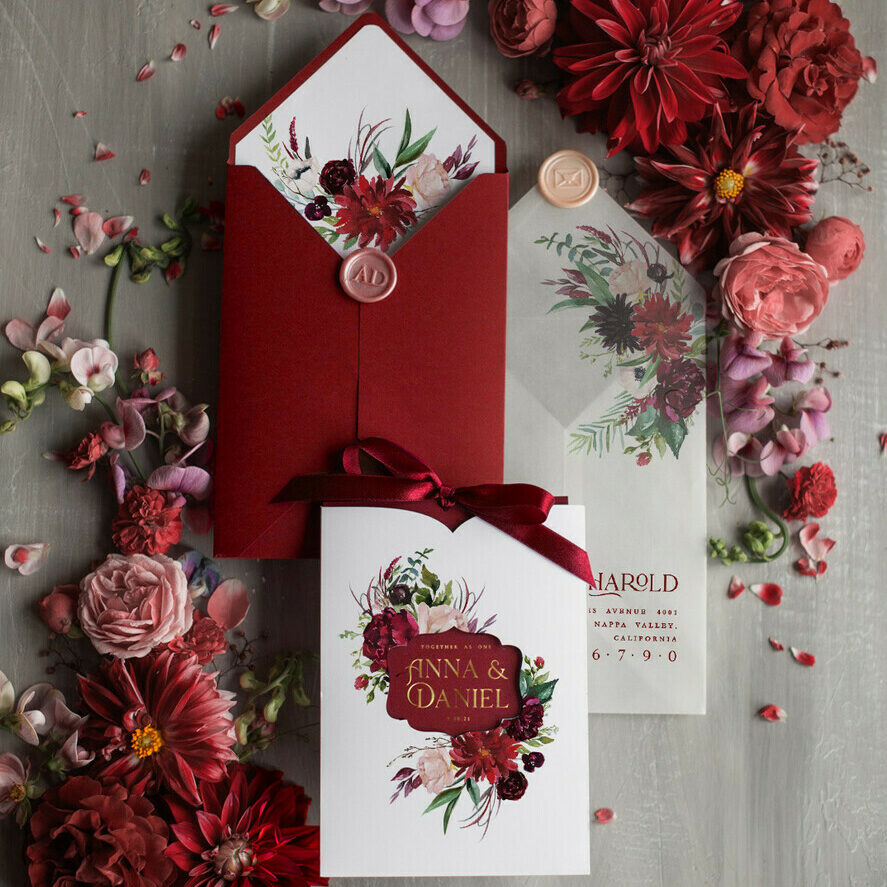Romantic Red Wedding Invites With Bow, Glamour Floral Wedding Invitations, Indian Luxury Gold Foil Wedding Cards, Bespoke Burgundy Pocket Wedding Invitation Suite