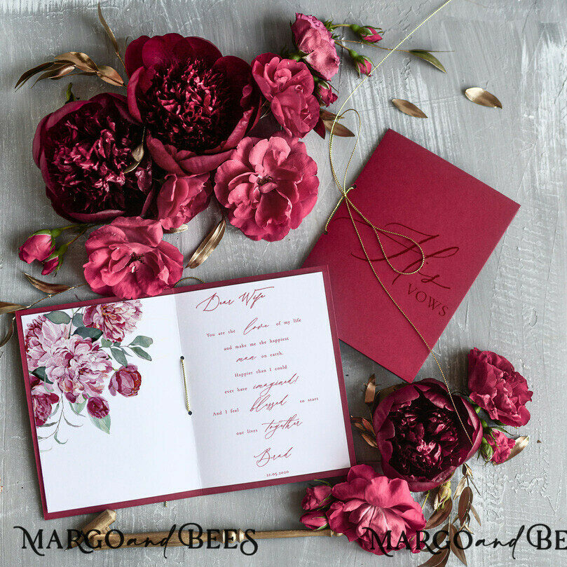 Modern Wedding vows, Personalized Wedding Vow Booklets, Personalised Wedding Vow Books, Custom Vow Books, Burgundy Floral Wedding Vows Book