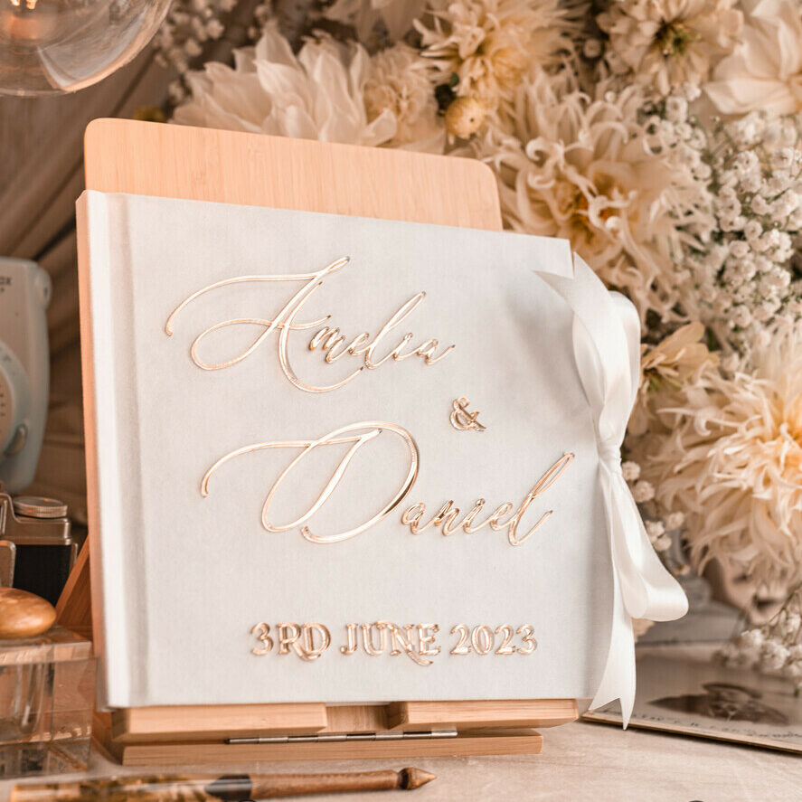 Pure White Gold Acrylic Wedding Guest Book Personalised and sign set, Velvet Instant Photo Book Boho Elegant Instax Wedding Photo Guestbook