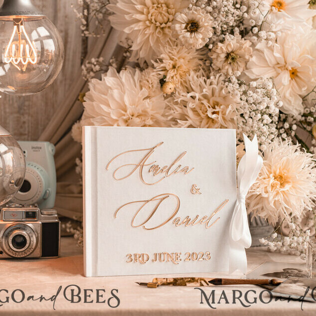 Pure White Gold Acrylic Wedding Guest Book Personalised and sign set, Velvet Instant Photo Book Boho Elegant Instax Wedding Photo Guestbook