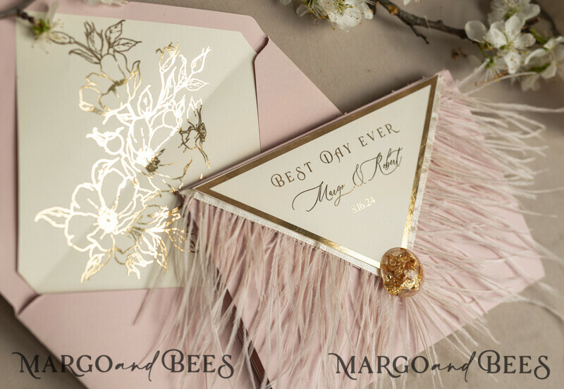 3 fold Luxury blush Mirror gold Wedding InvitationsGlamour Acrylic Wedding Invites