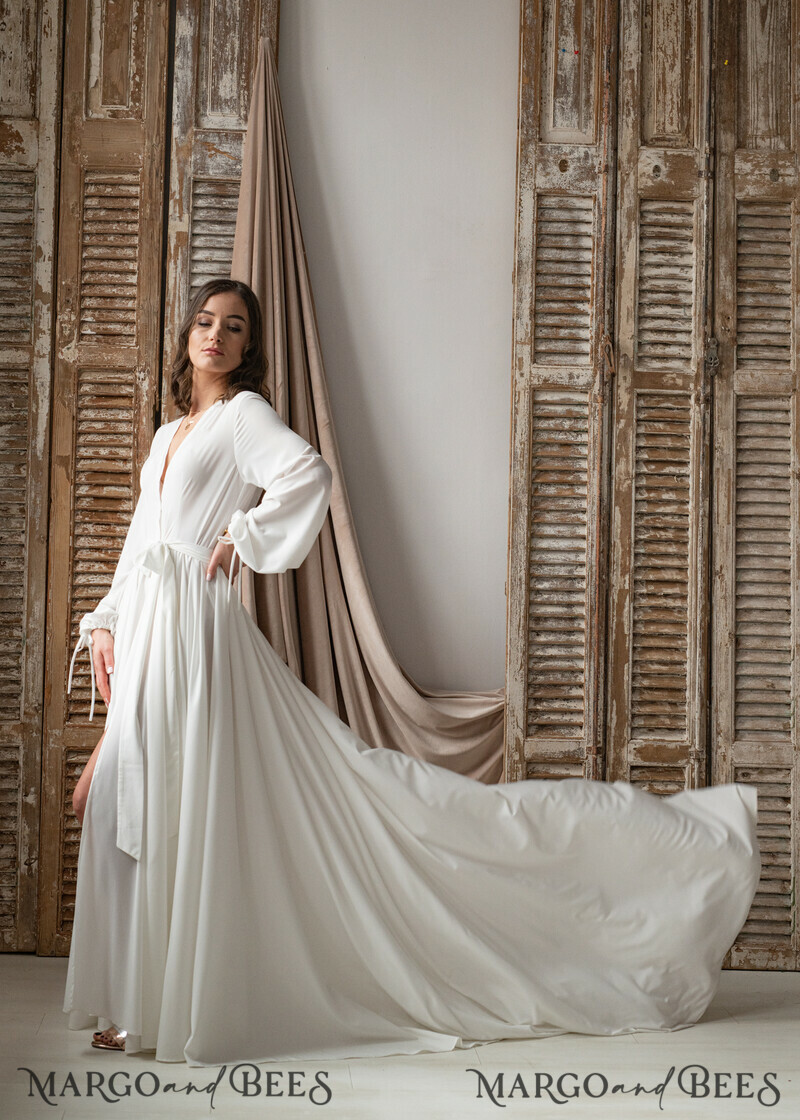 Long Bridal robe for wedding with Train, Robe wide sleeves, Silk Bride robe Long white robe silky boudoir robe Dressing gown Bridesmaid gift