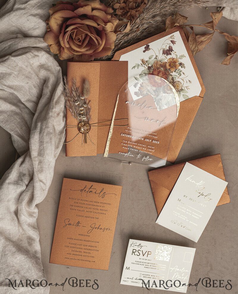 Fall Terracotta Clear Arched Wedding Invitation. The most beautiful wedding invitations for autumn.