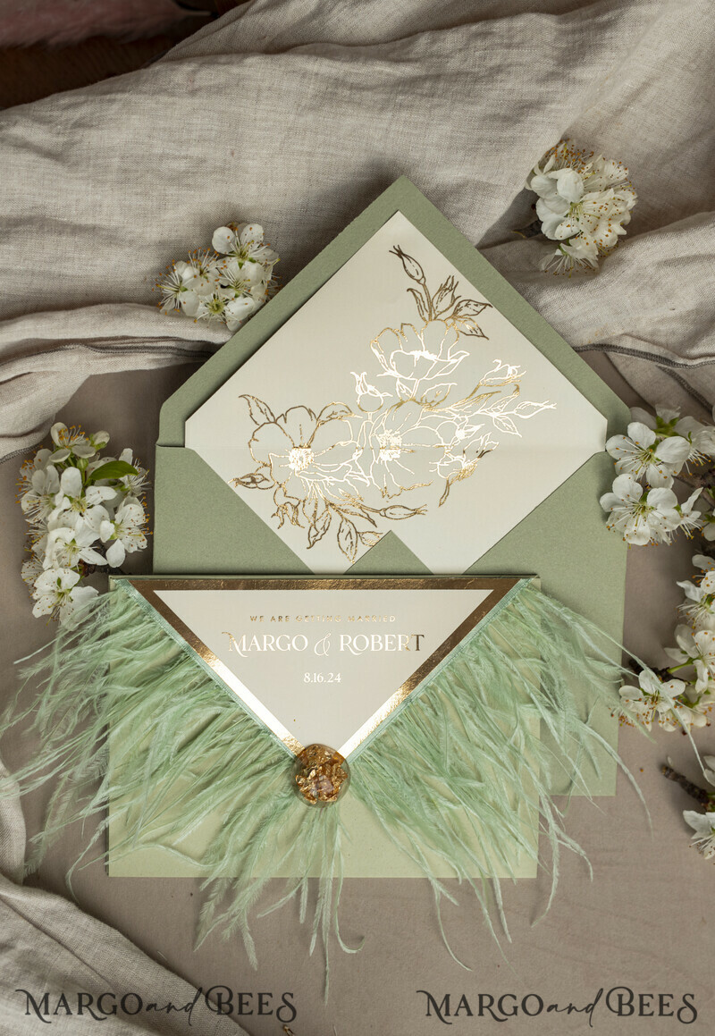 3 fold Luxury sage green Mirror gold Wedding Invitations.
Wedding invitations with feathers and gold.