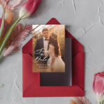 Personalised Photo Travel Save the Date Acrylic Tag Magnet and Card, Gold Tag Wedding Photo Save The Dates Acrylic Magnets, Photo Save The Date Cards