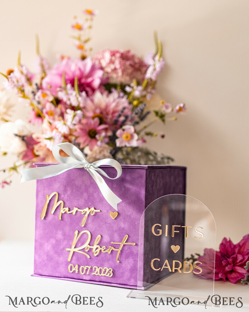 Gift Card Box & arch Sign Set , Velvet Purple wedding wishing well money gift card box