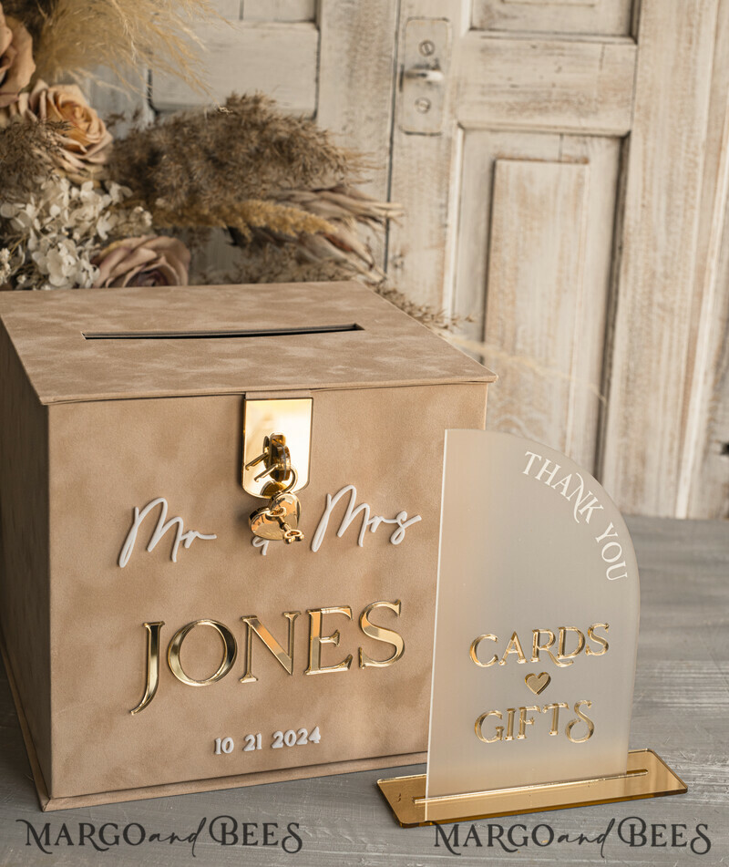Beige Card Box and Arch Acrylic Cards & Gifts Clear Sign, Velvet Rust Wedding Card Box with Lid