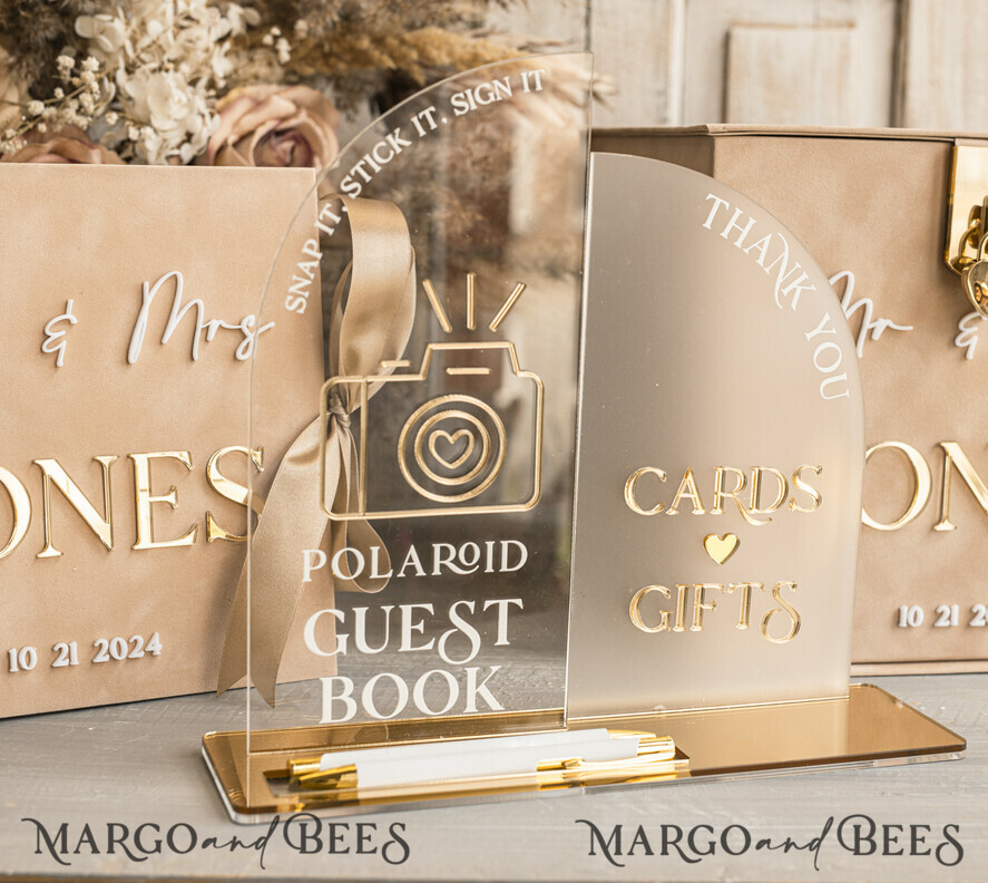 Beige gold Velvet Set Card Box with lock & Polaroid Guestbook & Cards gifts Sign instax instruction sign combo and pens set, fall Wedding Card Box with Lid Instant Instax Guestbook Wedding Money Box Sing Guestbook Set