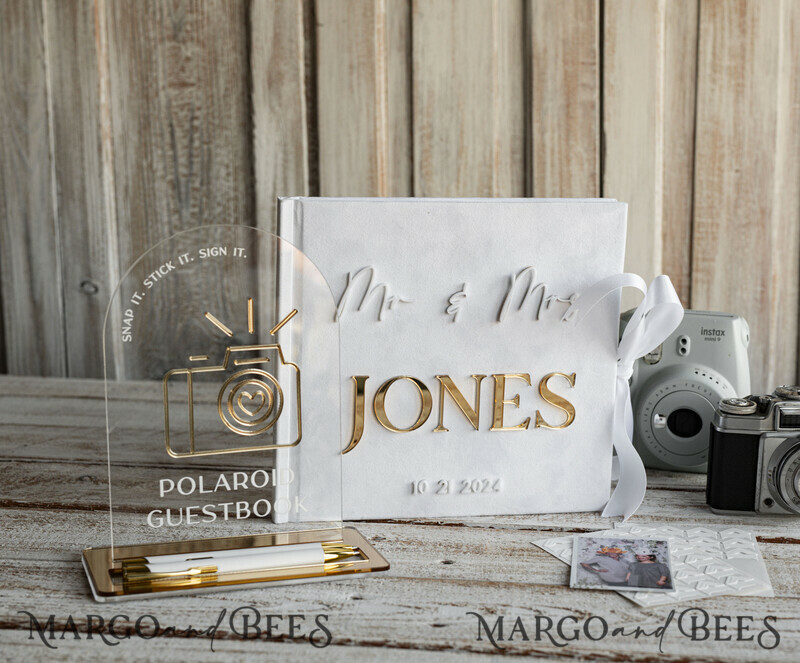 Pearls White Gold Acrylic Wedding Guest Book Personalised and sign set, Velvet Beaded Instant Photo Book Boho Elegant Instax Wedding Photo Guestbook