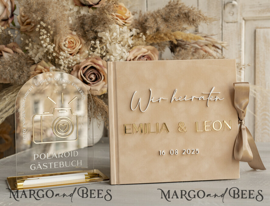 Capture Eternal Moments with a Velvet Beige Wedding Guest Book Embellished in Gold