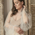 Elevate Your Bridal Ensemble with an Ivory Tulle Beaded Wedding Bolero with Pearls