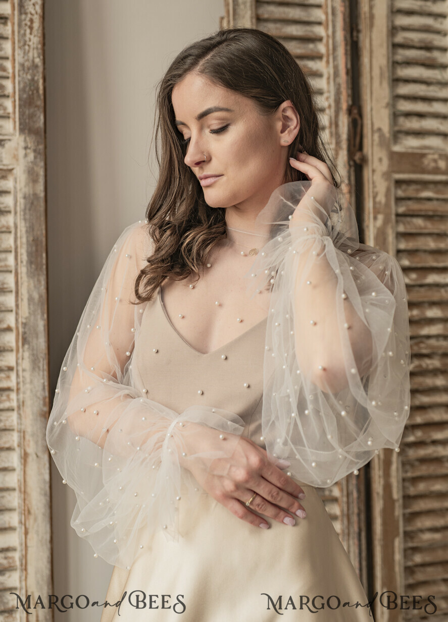 Elevate Your Bridal Ensemble with an Ivory Tulle Beaded Wedding Bolero with Pearls