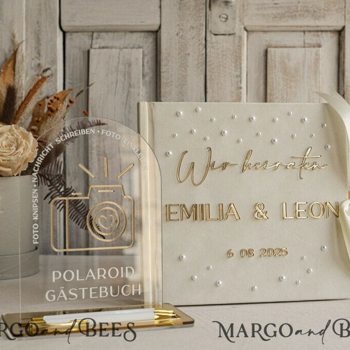 Pearls Gold Acrylic Hochzeitsgästebuch Personalisiert Schilderset Samt Ecru Sofort-Fotobuch Boho Elegant Instax Hochzeitsfoto-Gästebuch