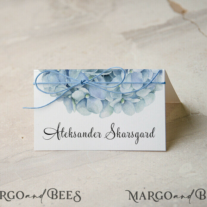 Delicate White Wedding Place Cards with Blue Twine, Elegant Dusty Blue Floral Graphic, Modern Design Wedding Name Tags, Hydrangea Custom Guest Names Cards