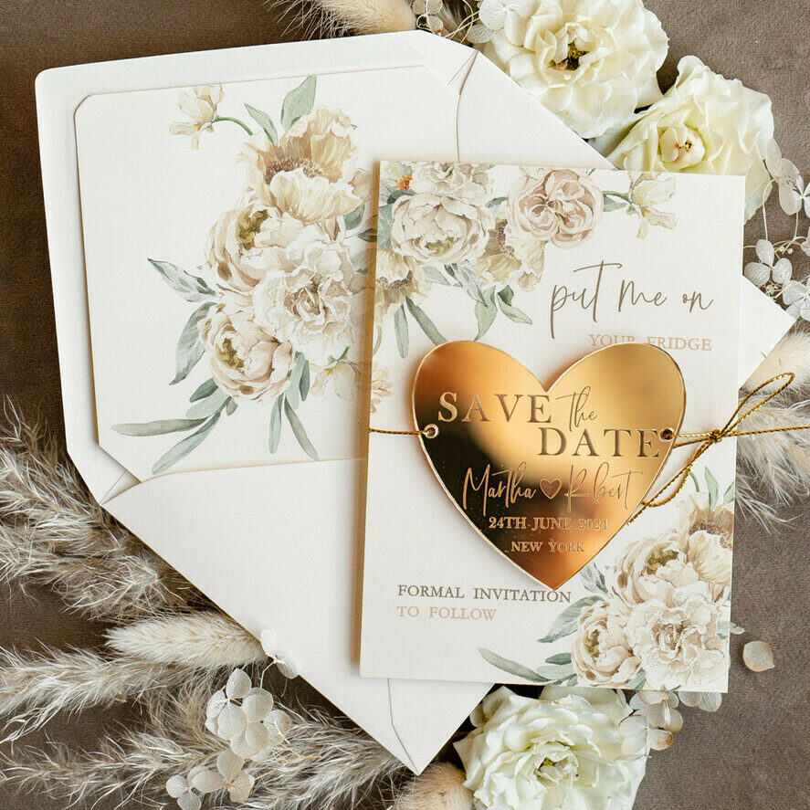 Personalised Gold Acrylic heart Save the Date Magnet and Card, ivory Wedding Save The Dates Plexi Magnets, Wedding Boho Save The Date Cards
