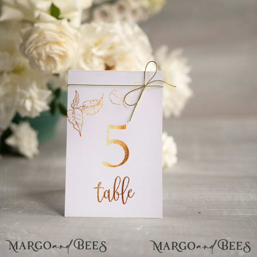 White Floral Wedding Table Numbers, Gold Foil Minimalist Wedding Table Cards, Elegant Floral Table Décor & gold twine, Glamour Wedding Stationery, Editable text