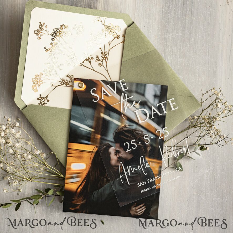 Sage Green Baby Breath Save the Date Cards with Photo, Greenery Plexi Clear Save Our Dates with Photo