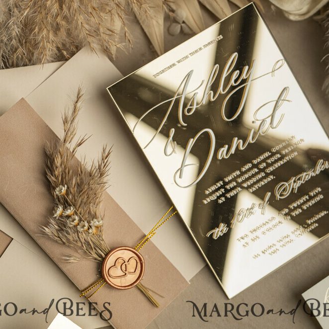 Beige Mirror gold Wedding Invitations, Elegant Garden Wedding Cards, Nude Acrylic Wedding Invites, Pampass Grass Gold Plexi Wedding Invitation Suite