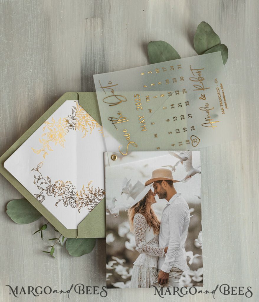 sage green Gold Calendar Save the Date Cards with Photo, Vellum Save Our Dates with Photo Gold Foil Calendar Cards