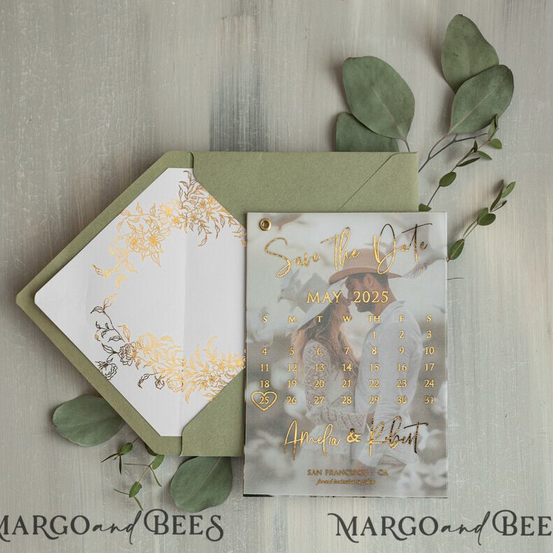 sage green Gold Calendar Save the Date Cards with Photo, Vellum Save Our Dates with Photo Gold Foil Calendar Cards