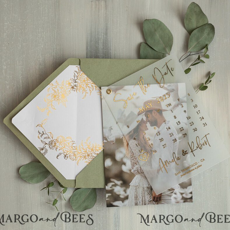Sage Green Gold Calendar Save the Date Cards with Photo