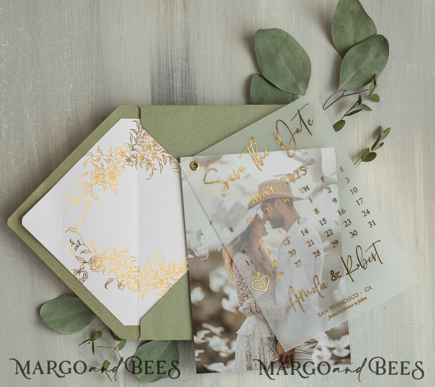 sage green Gold Calendar Save the Date Cards with Photo, Vellum Save Our Dates with Photo Gold Foil Calendar Cards