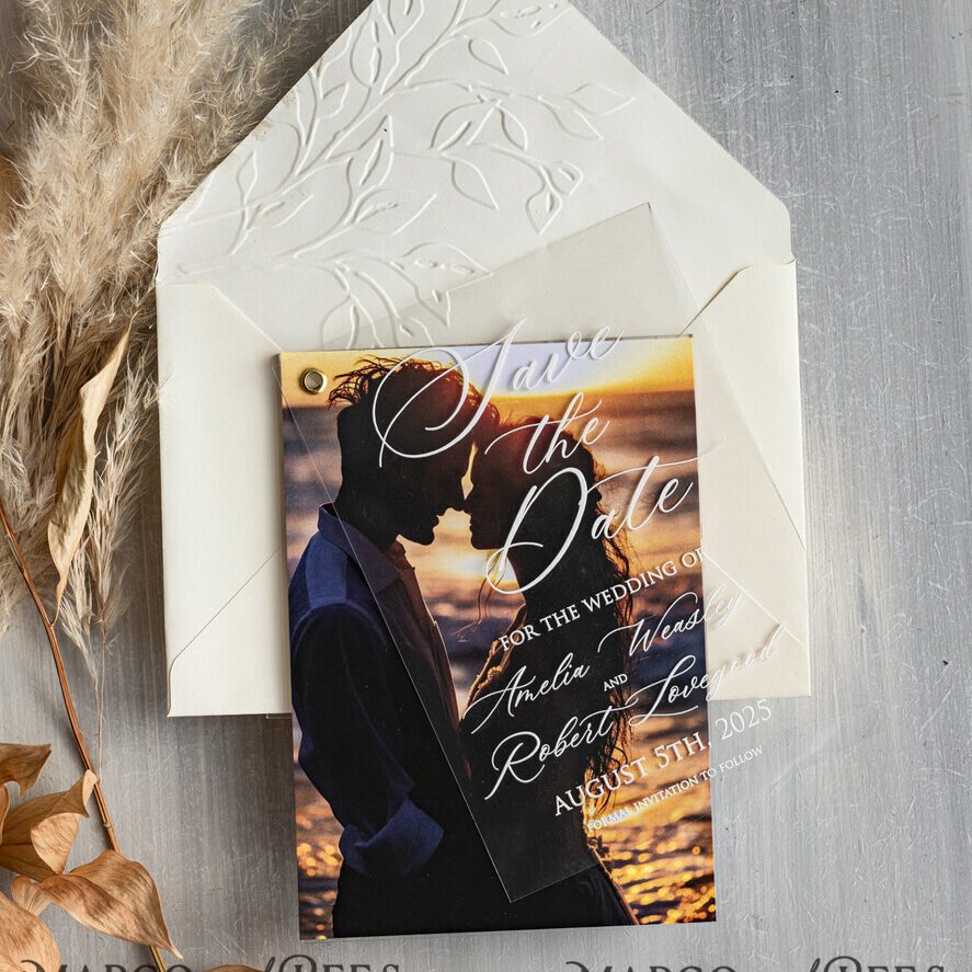 Embossed Save the Date Cards with Photo, Ivory Plexi Clear Save Our Dates with Photo