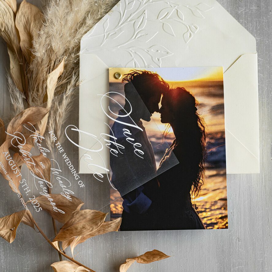 Embossed Save the Date Cards with Photo, Ivory Plexi Clear Save Our Dates with Photo