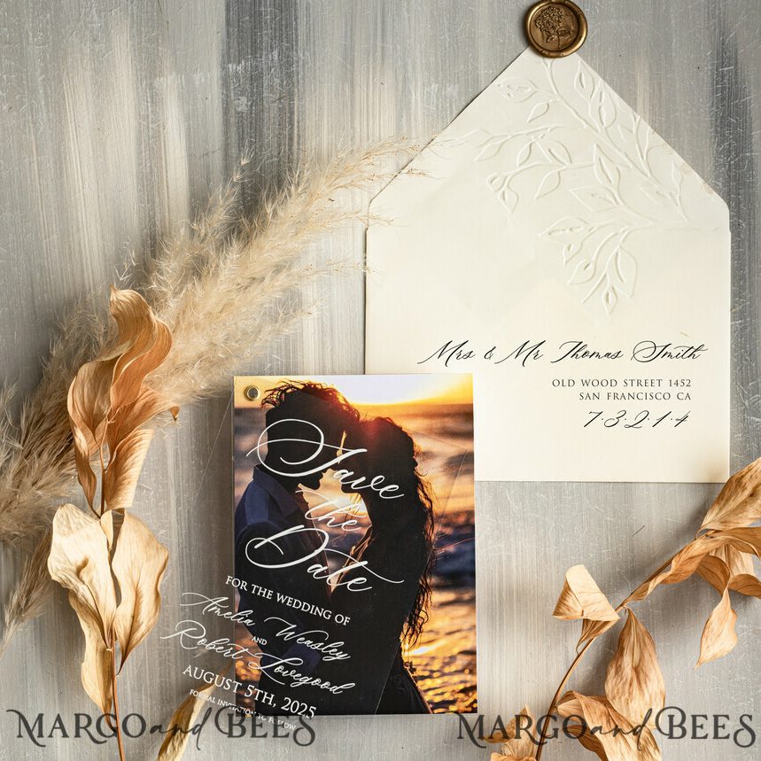Ivory Embossed Clear Save the Date Cards with Photo