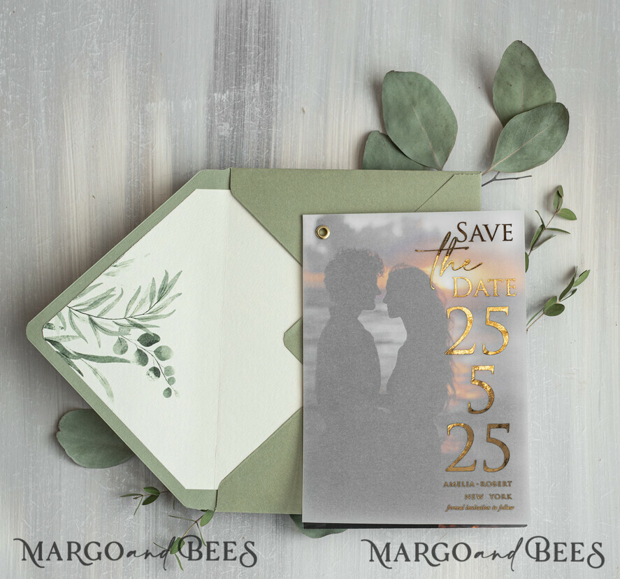 sage green Gold eucalyptus Save the Date Cards with Photo, Vellum Save Our Dates with Photo Gold Foil Calendar Cards