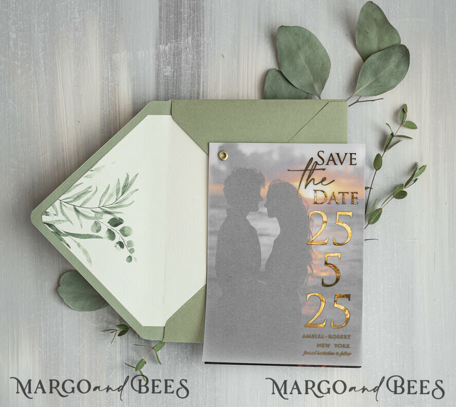 Sage Green Gold Eucalyptus Save the Date Cards with Photo