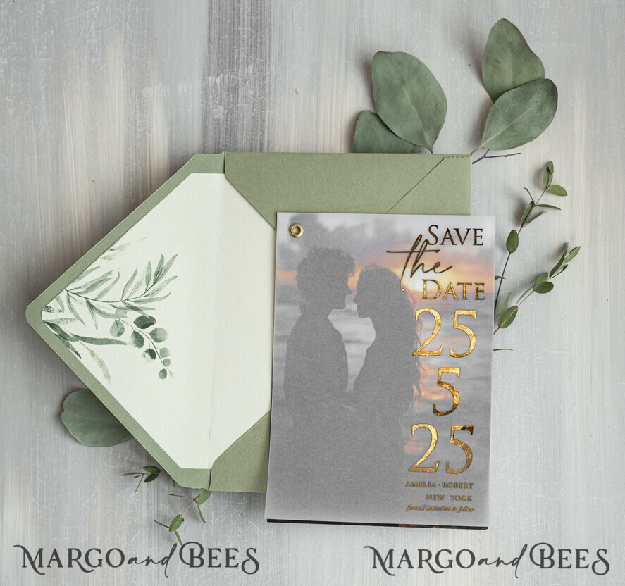 sage green Gold eucalyptus Save the Date Cards with Photo, Vellum Save Our Dates with Photo Gold Foil Calendar Cards