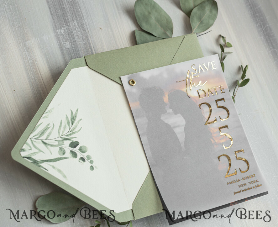 sage green Gold eucalyptus Save the Date Cards with Photo, Vellum Save Our Dates with Photo Gold Foil Calendar Cards