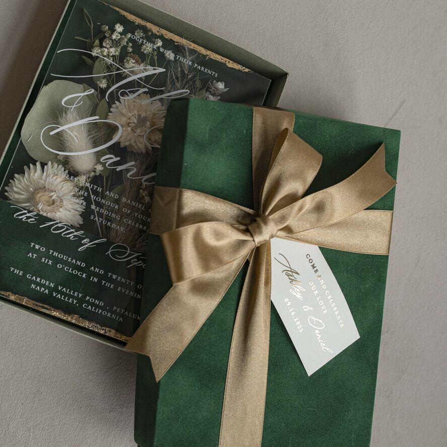Natural Dried Flowers Bespoke Emerald Velvet Wedding Box Invitation
