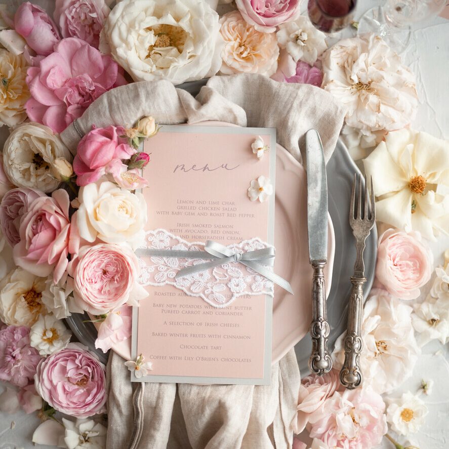 Romantic Blush Wedding Menu with Ribbon, Vintage Lace Personalized Menu Cards, Light Grey and Blush Pink Shabby Chic Wedding Menu, Handmade Lace Menu Cards