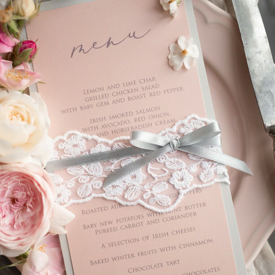 Romantic Blush Wedding Menu with Ribbon, Vintage Lace Personalized Menu Cards, Light Grey and Blush Pink Shabby Chic Wedding Menu, Handmade Lace Menu Cards