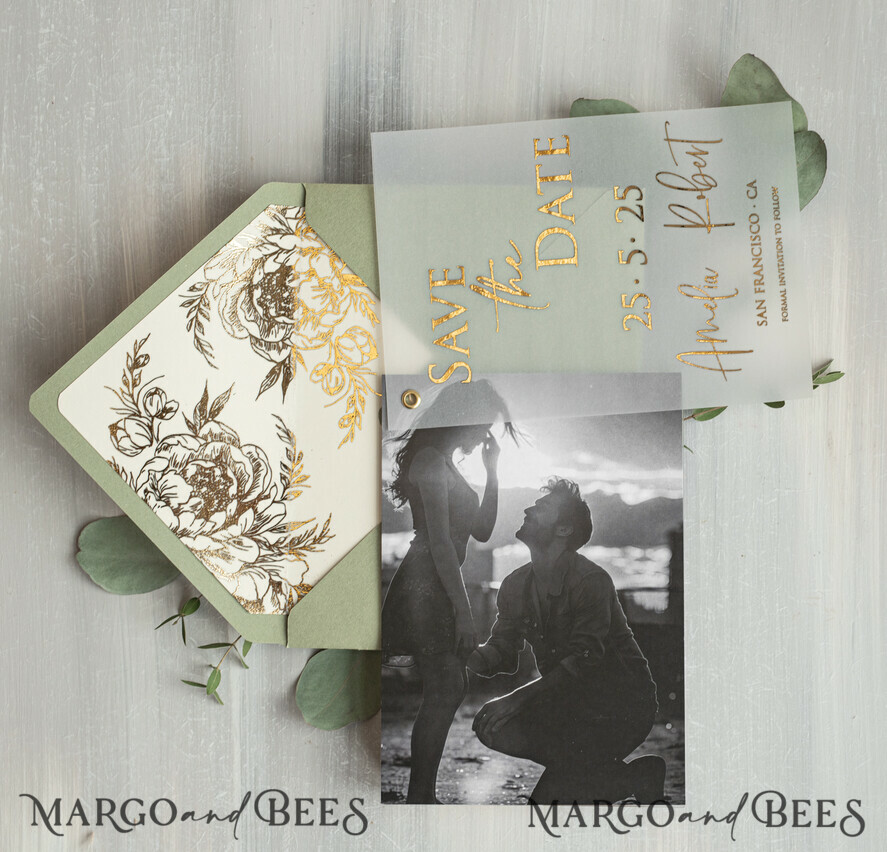 sage green Gold Peonies Save the Date Cards with Photo, Vellum Save Our Dates with Photo Gold Foil Calendar Cards