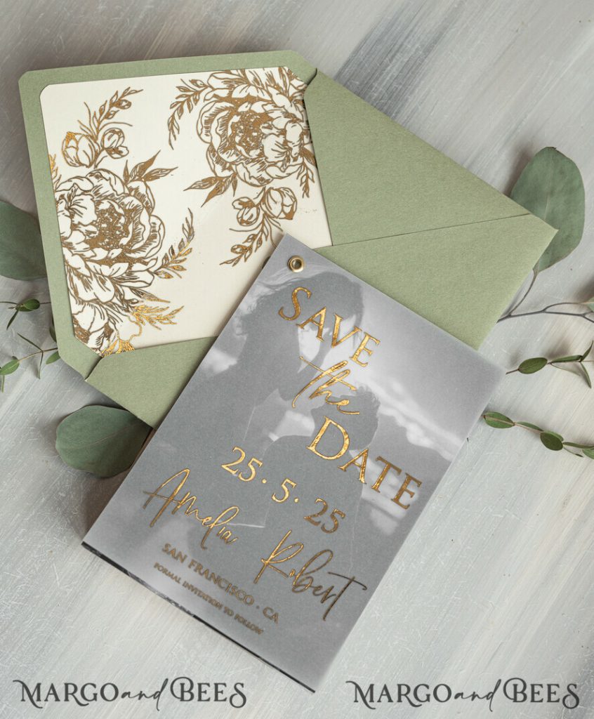 sage green Gold Peonies Save the Date Cards with Photo, Vellum Save Our Dates with Photo Gold Foil Calendar Cards