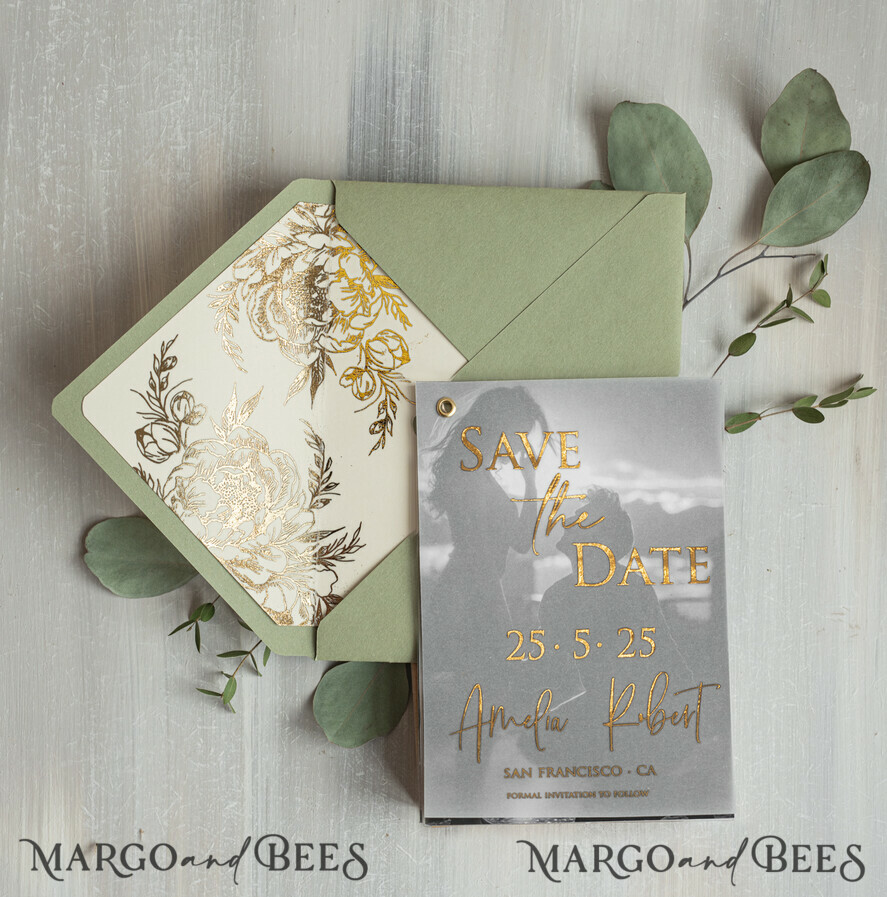 sage green Gold Peonies Save the Date Cards with Photo, Vellum Save Our Dates with Photo Gold Foil Calendar Cards