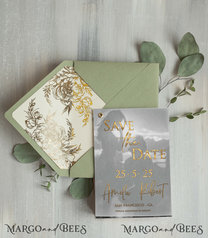 Sage Green Gold Peonies Save the Date Cards with Photo