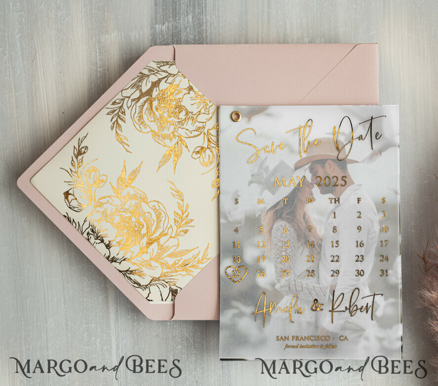 Pink Gold peonies Save the Date Cards with Photo, Vellum Save Our Dates with Photo Gold Foil Calendar Cards

