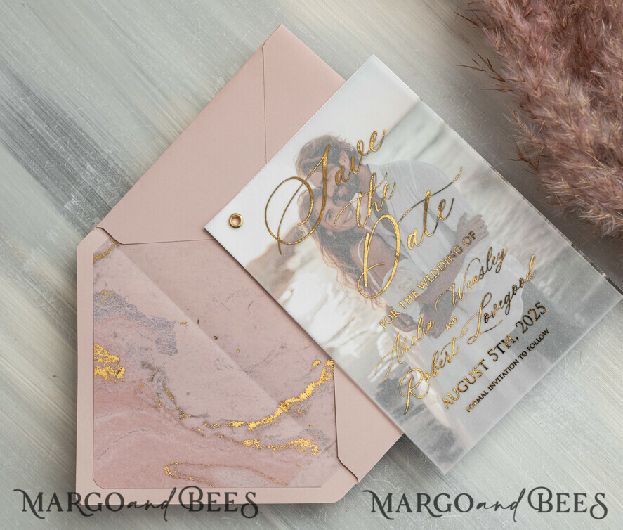 Elegant Pink Gold Marble Save the Date Cards with Photo