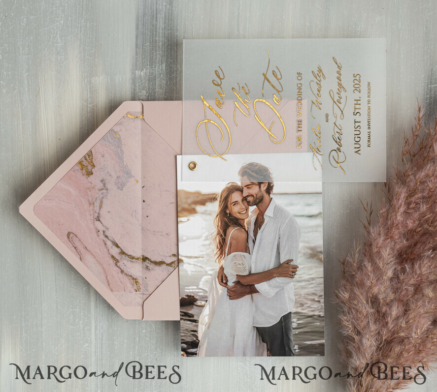 Pink Gold Marble Save the Date Cards with Photo, Vellum Save Our Dates with Photo Gold Foil Calendar Cards