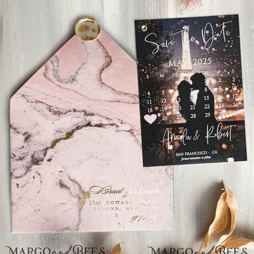 Blush Pink Marble Gold Save the Date Cards with Photo, Plexi Clear Save Our Dates with Photo